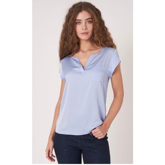 Repeat Cashmere Silk Top with Breast Pocket in Sky - Picture 1 of 12